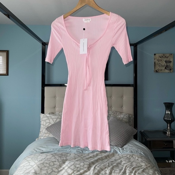 NEW Lovers  + Friends JAZLYN MINI DRESS {$128 Retail} Pink Ribbed Tie Bust XXS - Picture 3 of 11